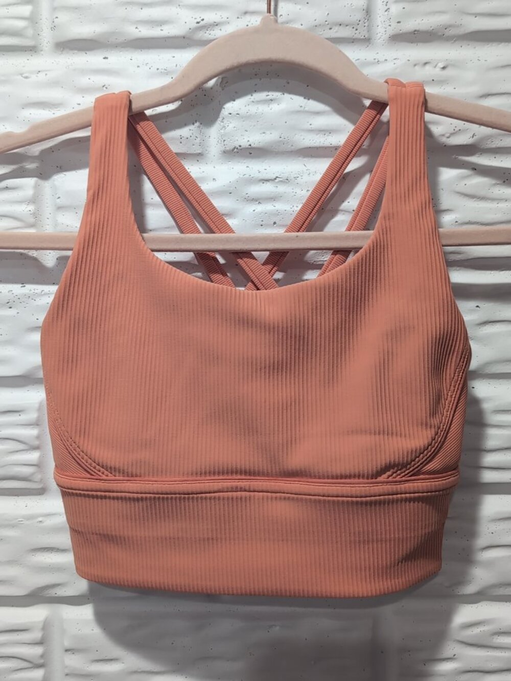 Lululemon Energy Bra Long Line Ribbed Orange Coral Womens Size 4 No Pads Workout